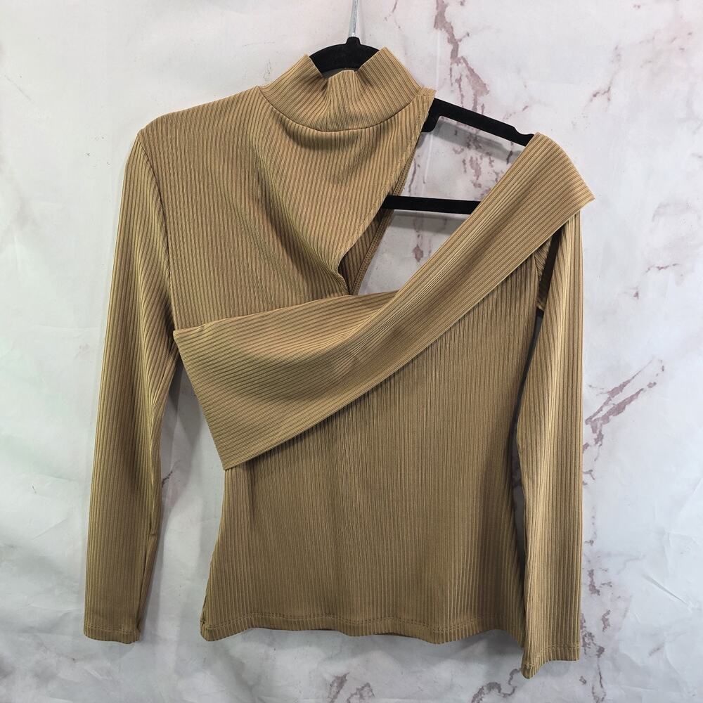 Anthropologie Top Womens XS Beige Nude Lea Viola Ribbed Cut Out Shoulder Mock